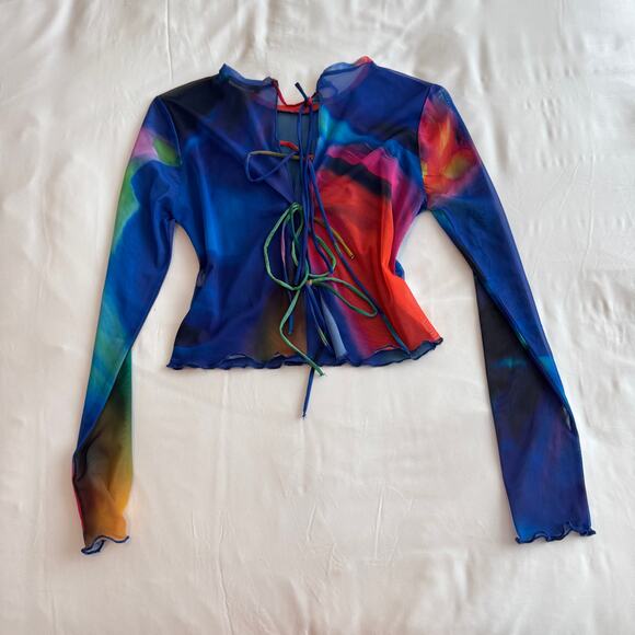 Zara Rainbow Mesh Lace-Up Back Cropped Sheer Top Women’s Size M - Picture 2 of 8